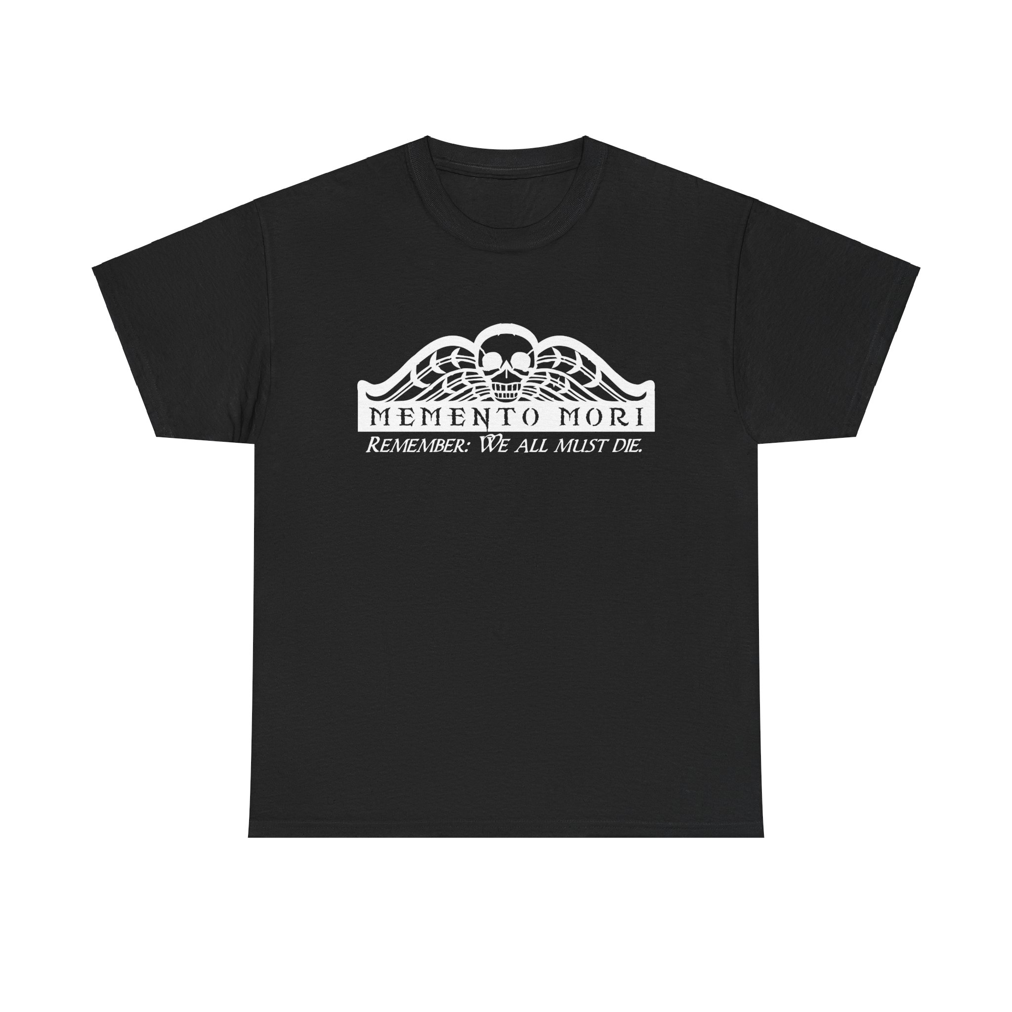 Memento Mori in white on a shirt in the color Black - Memento Mary