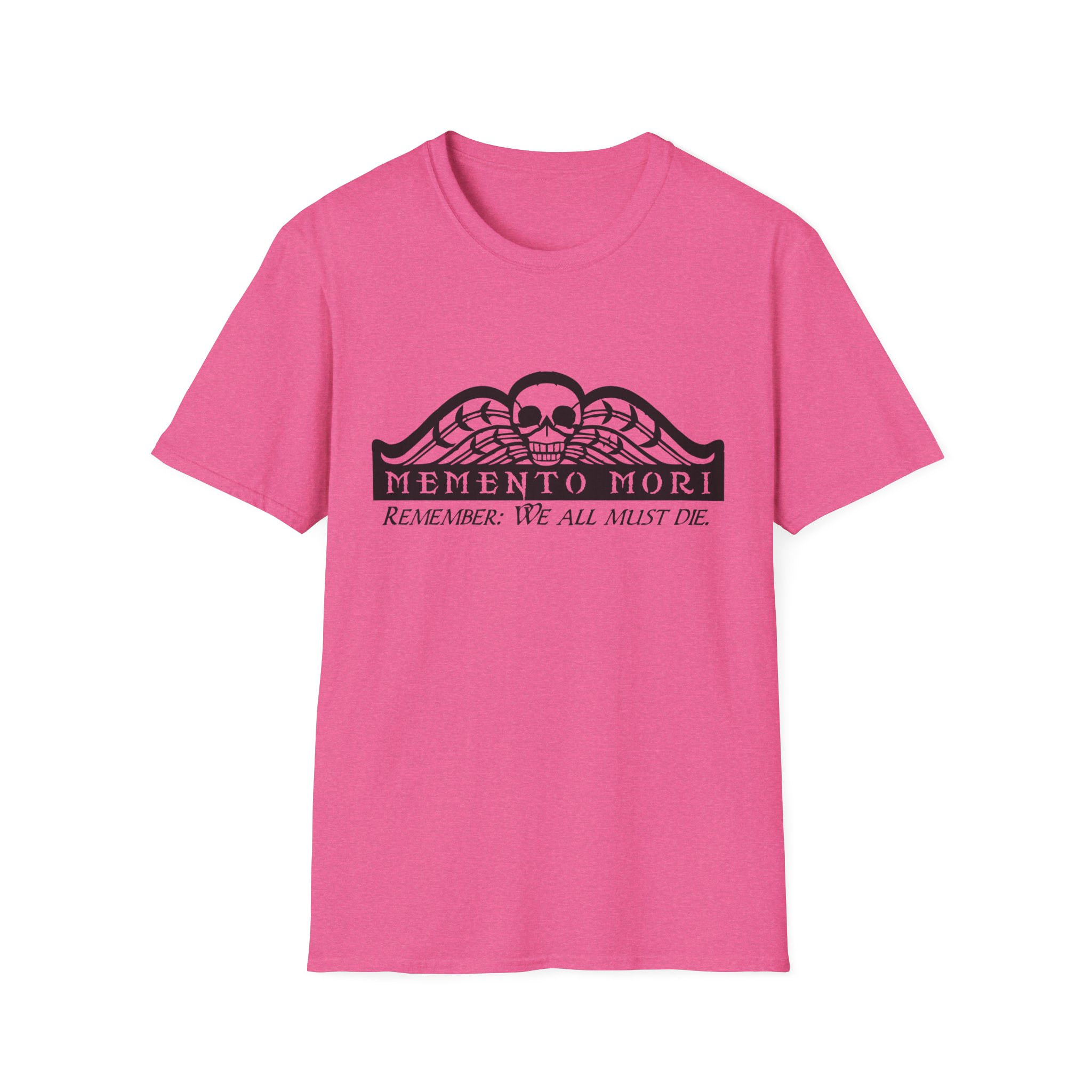 Memento Mori in black on a shirt in the color Heather Heliconia - Memento Mary