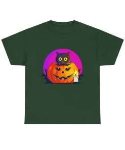 Cat O'Lantern on a tshirt in the color of Forest Green - Memento Mary