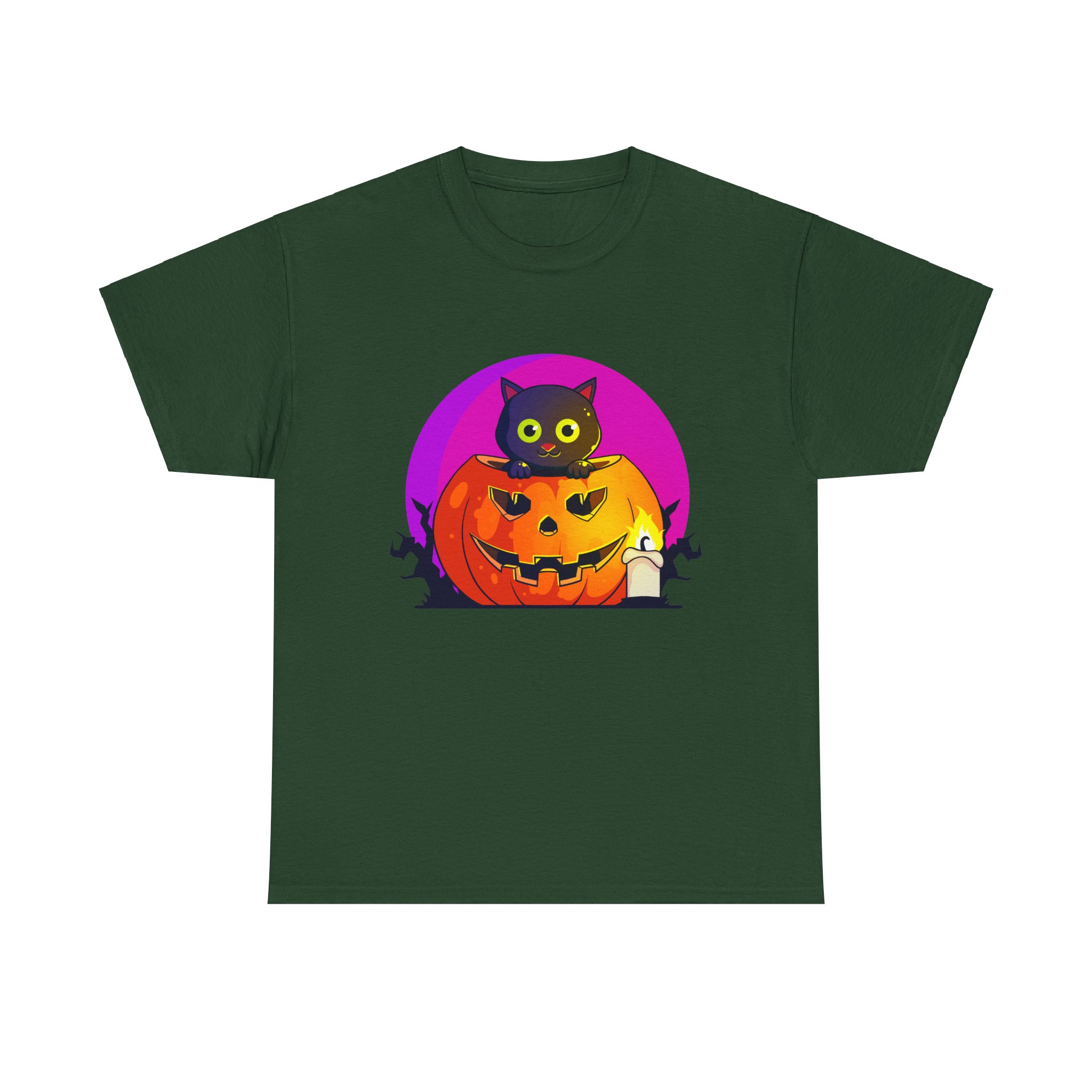Cat O'Lantern on a tshirt in the color of Forest Green - Memento Mary