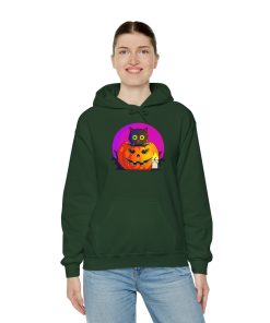 Cat O'Lantern on a hoodie in the color of Forest Green - Memento Mary