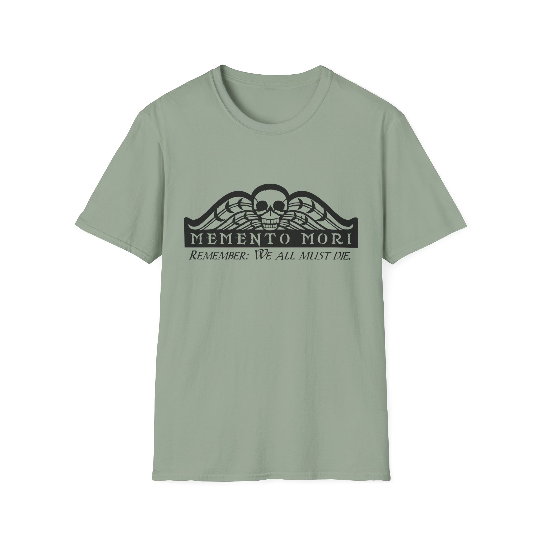 Memento Mori in black on a shirt in the color Sage - Memento Mary