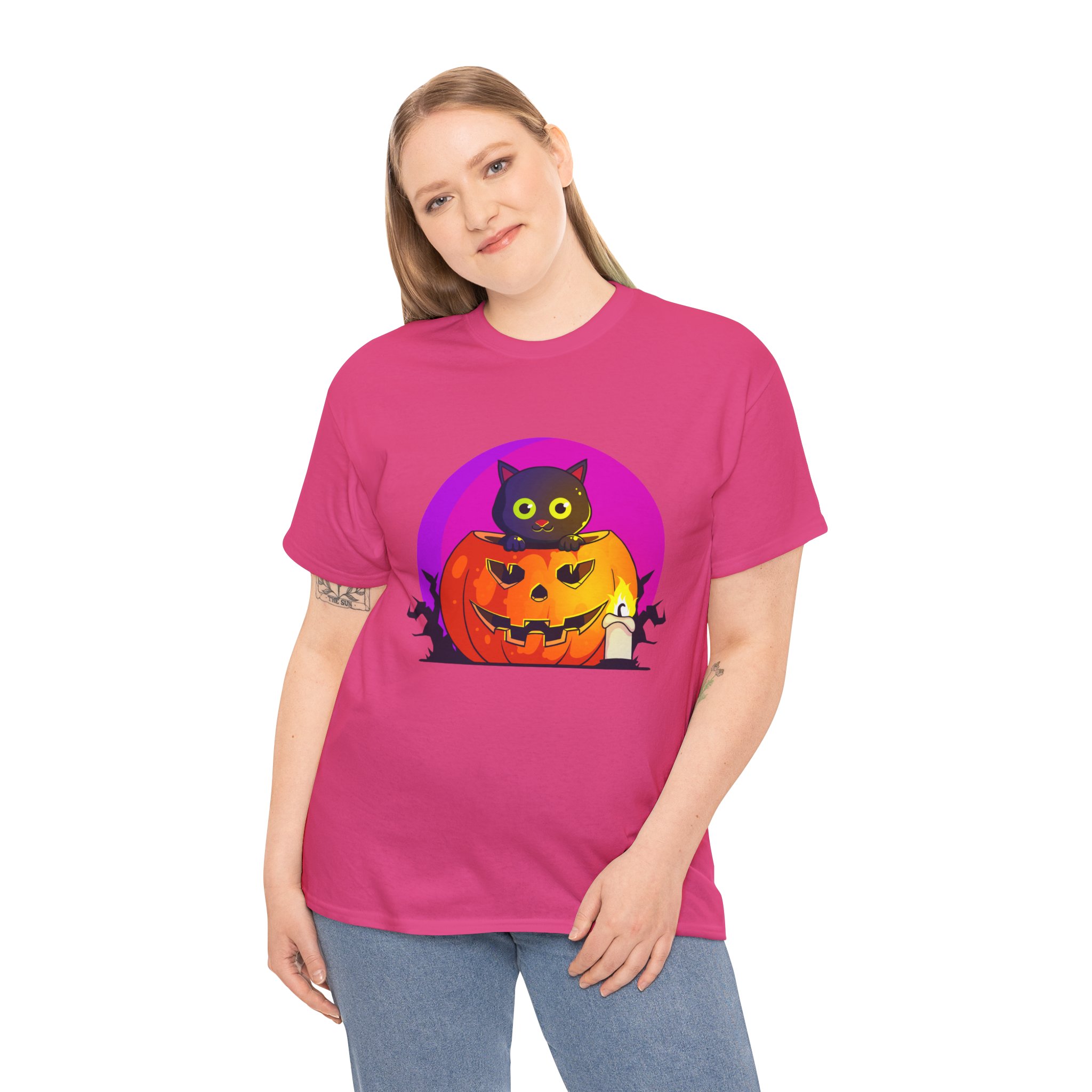Cat O'Lantern on a tshirt in the color of Heliconia - Memento Mary