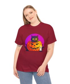 Cat O'Lantern on a tshirt in the color of Cardinal Red- Memento Mary