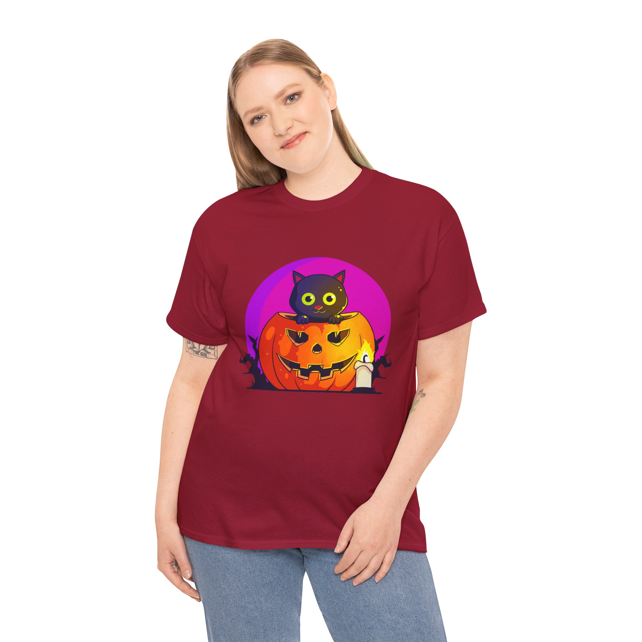 Cat O'Lantern on a tshirt in the color of Cardinal Red- Memento Mary
