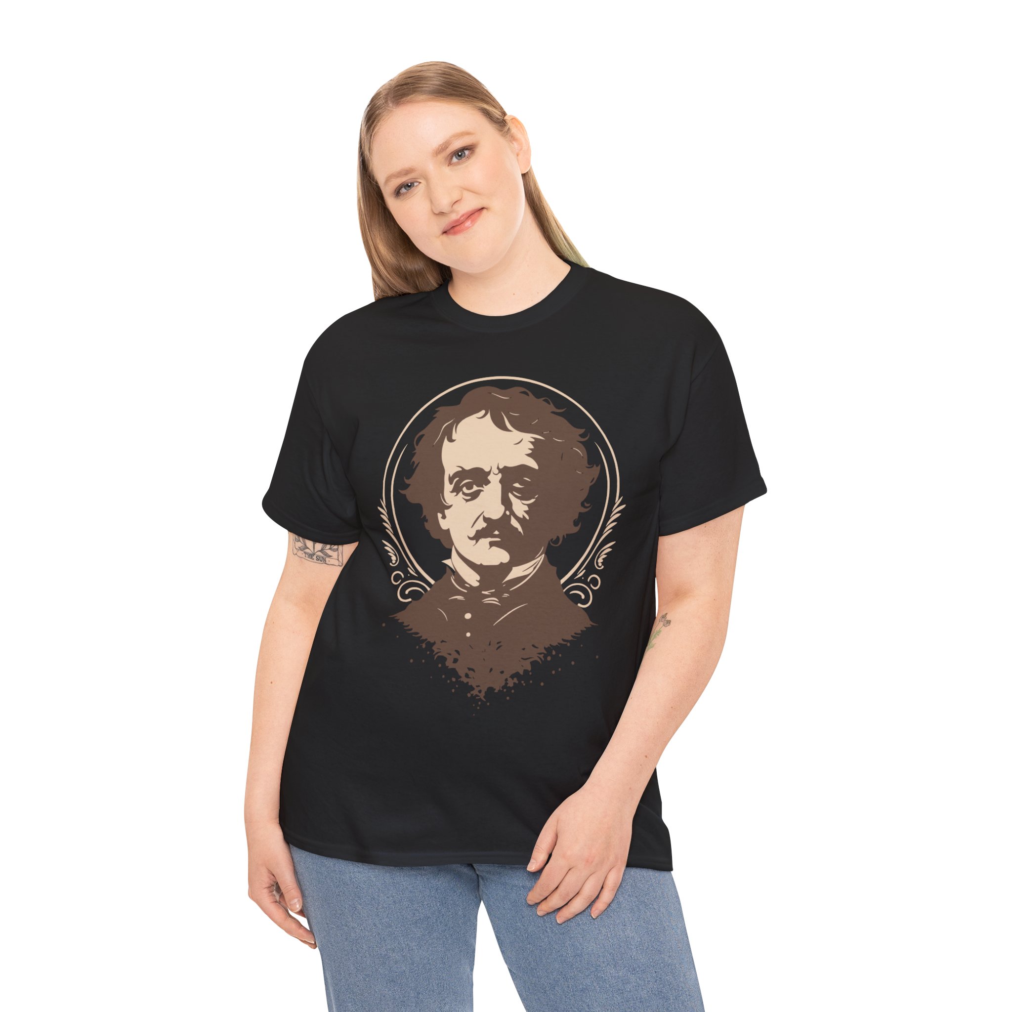 A portrait of Edgar Allen Poe in sepia on a shirt in the color Black. - Memento Mary