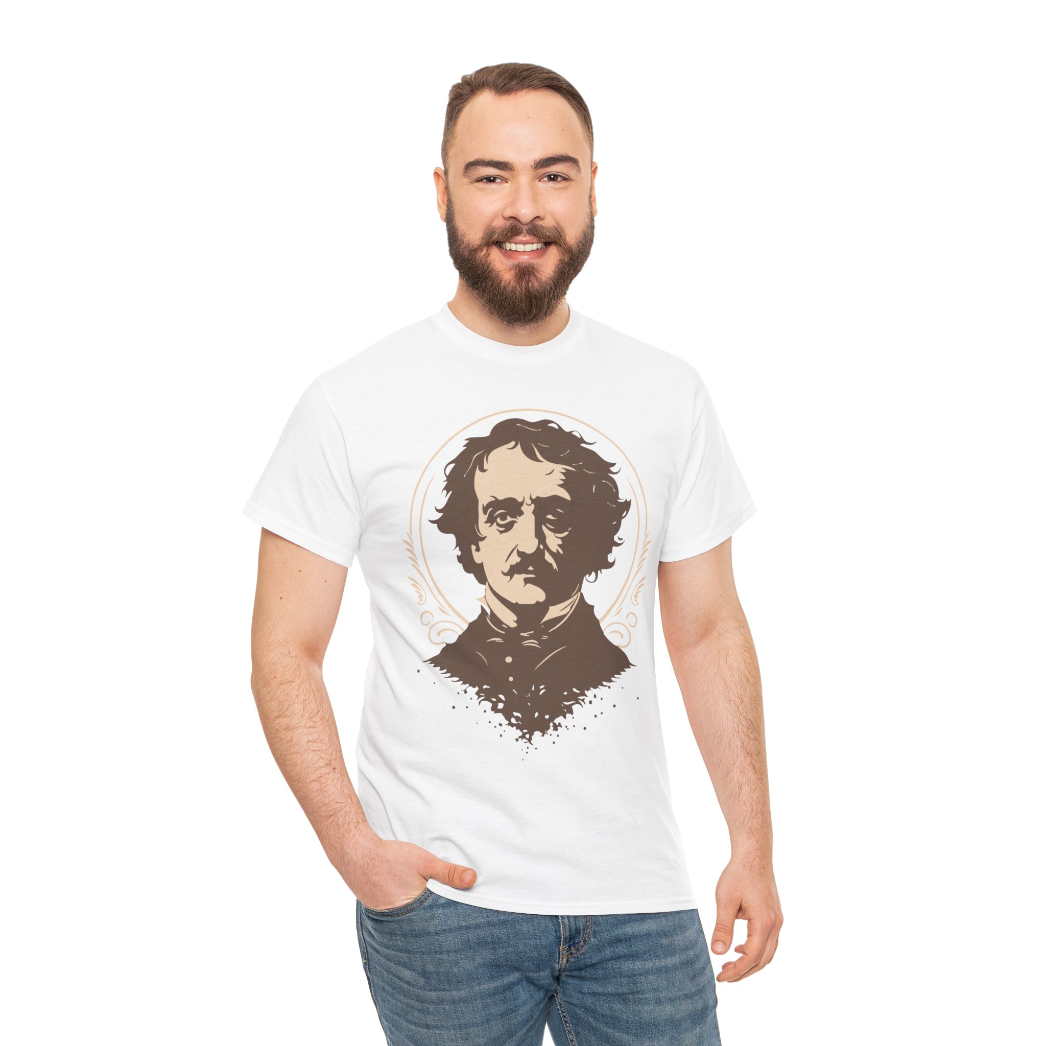 A portrait of Edgar Allen Poe in sepia on a shirt in the color White. - Memento Mary