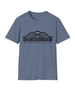 Memento Mori in black on a shirt in the color Heather Indigo - Memento Mary