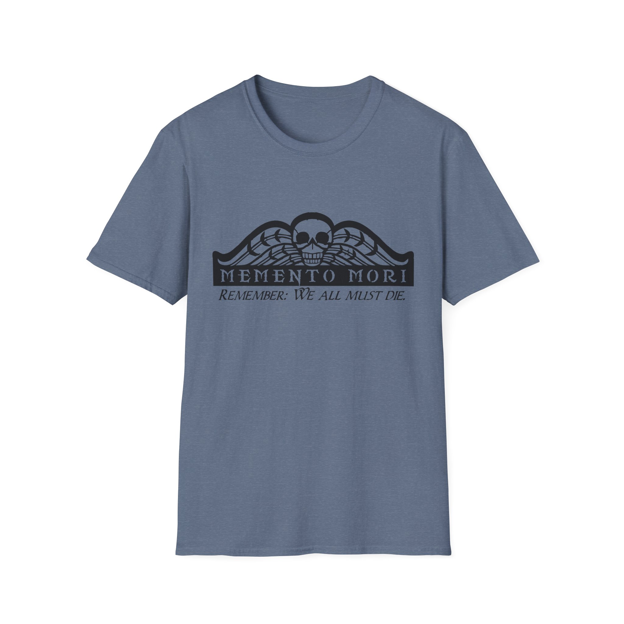 Memento Mori in black on a shirt in the color Heather Indigo - Memento Mary