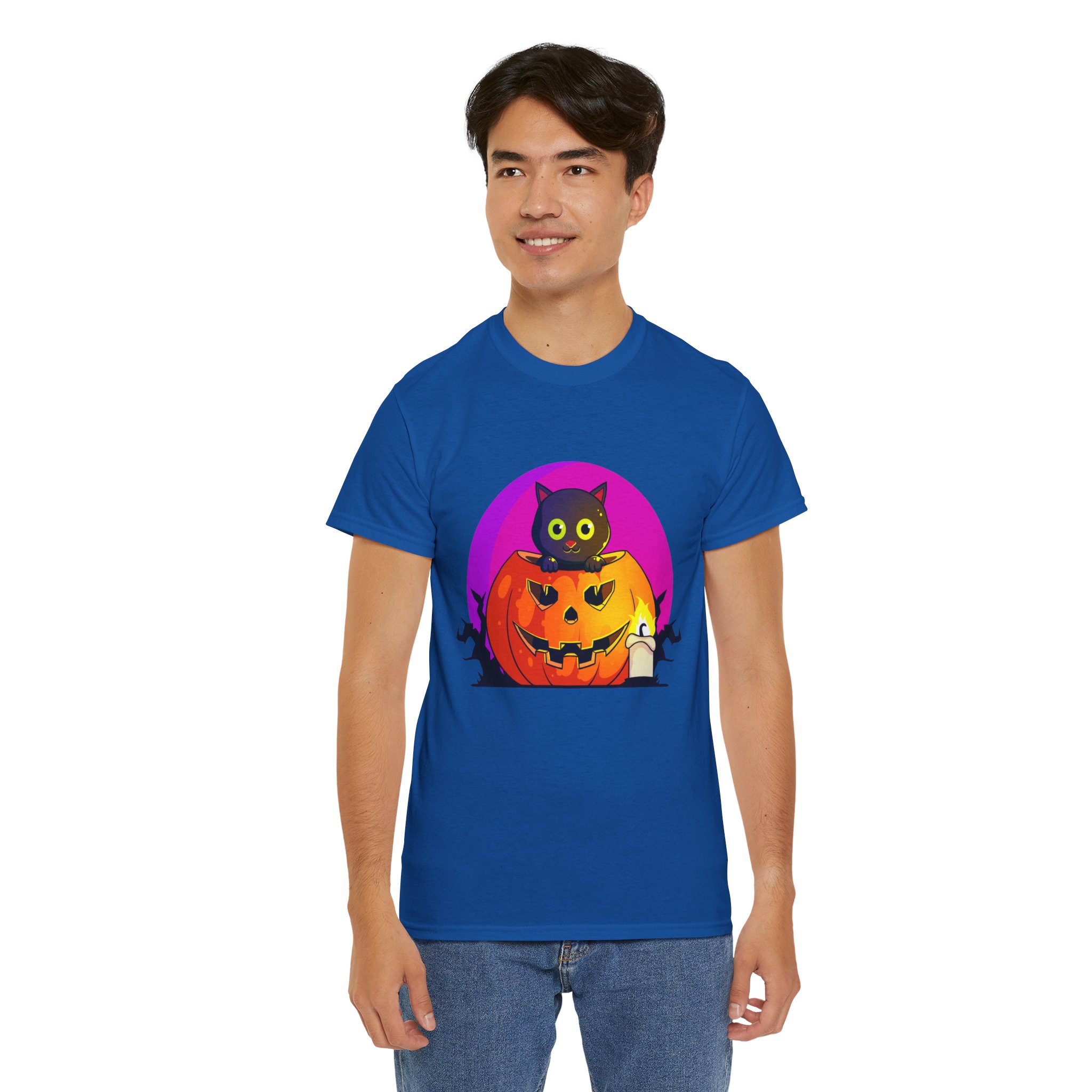 Cat O'Lantern on a tshirt in the color of Royal - Memento Mary