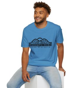 Memento Mori in black on a shirt in the color Heather Sapphire - Memento Mary