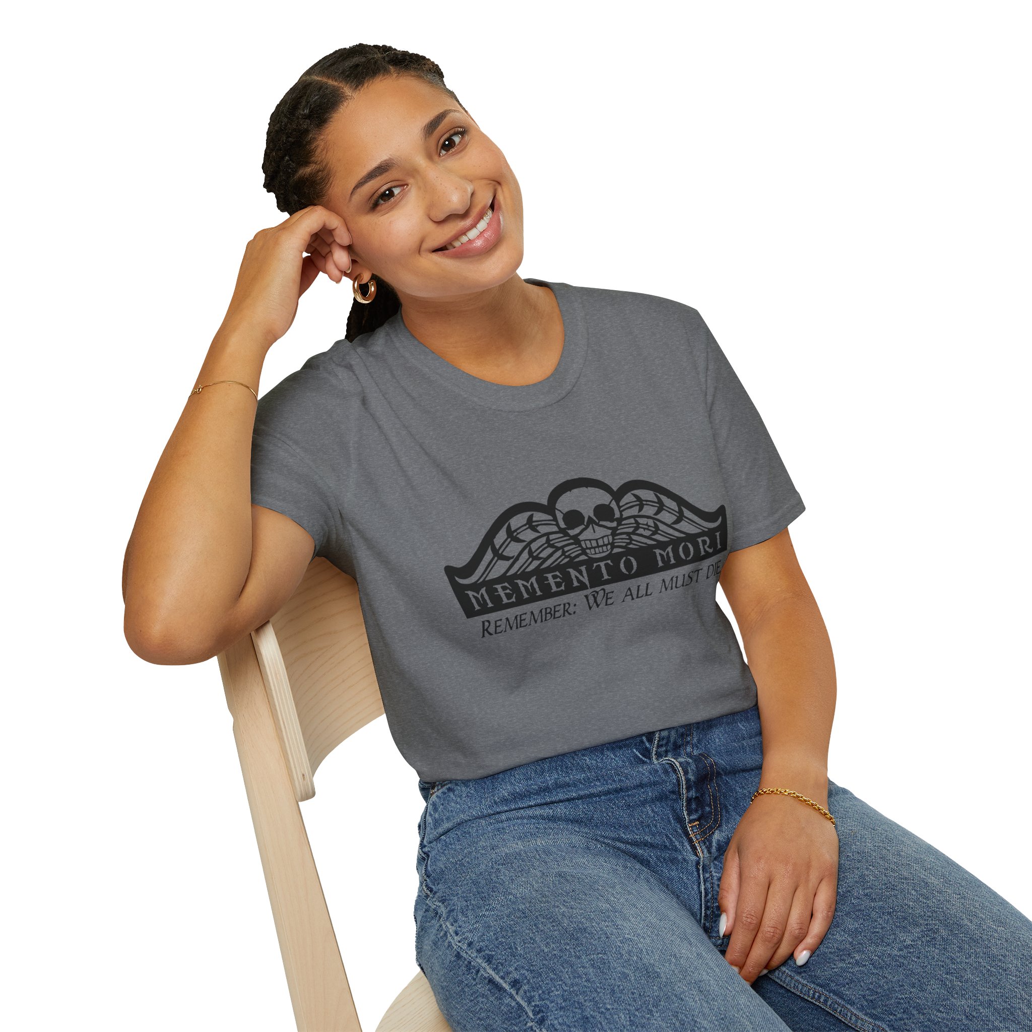 Memento Mori in black on a shirt in the color Graphite Heather - Memento Mary