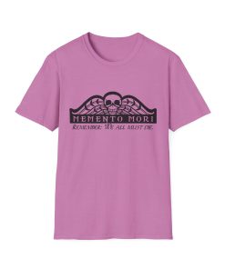 Memento Mori in black on a shirt in the color Heather Radiant Orchid - Memento Mary
