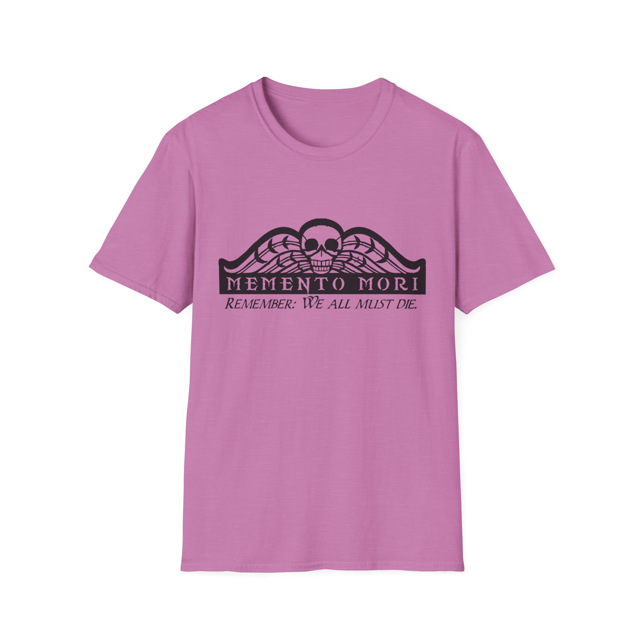 Memento Mori in black on a shirt in the color Heather Radiant Orchid - Memento Mary