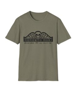 Memento Mori in black on a shirt in the color Heather Military Green - Memento Mary