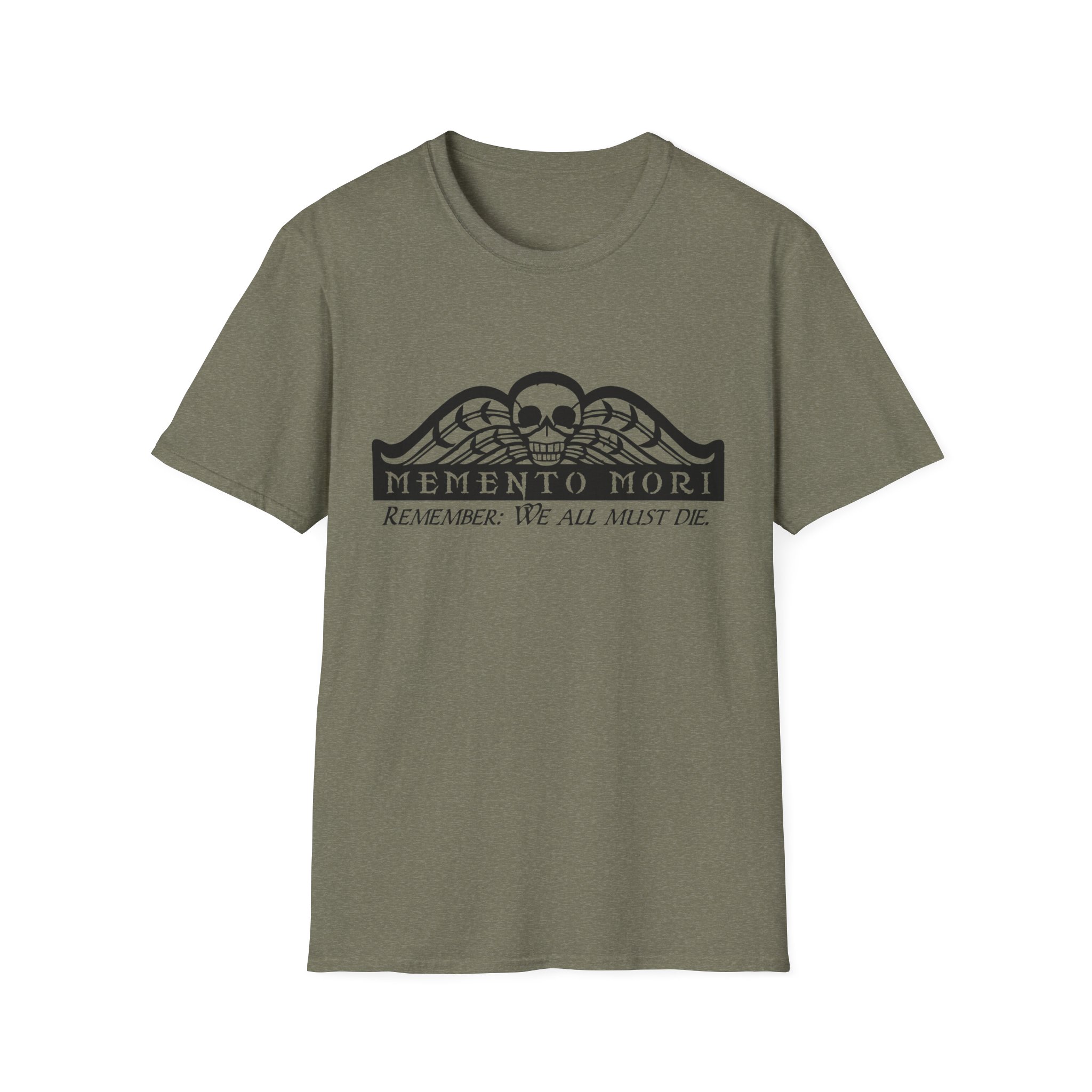 Memento Mori in black on a shirt in the color Heather Military Green - Memento Mary