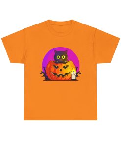 Cat O'Lantern on a tshirt in the color of Safety Orange - Memento Mary