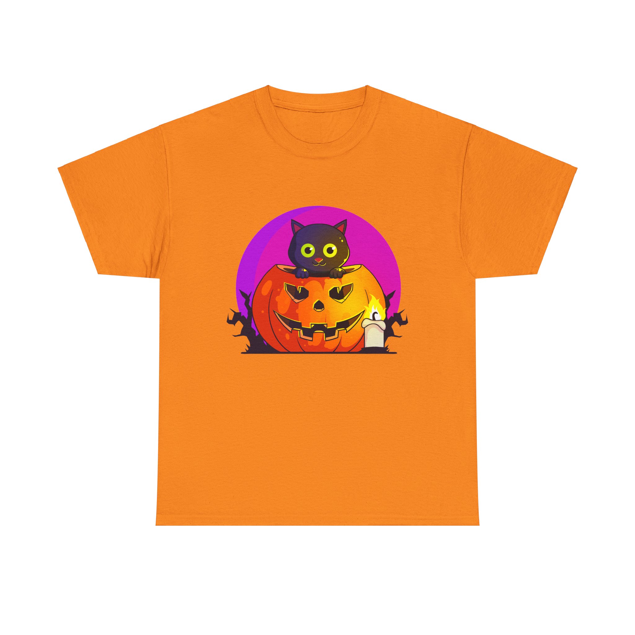 Cat O'Lantern on a tshirt in the color of Safety Orange - Memento Mary