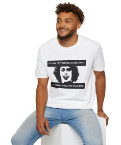 'It's not easy having a good time...even smiling makes my face ache' on a shirt in the color White. - Memento Mary