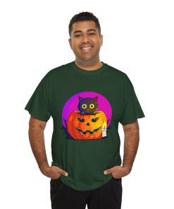 Cat O'Lantern on a tshirt in the color of Forest Green - Memento Mary