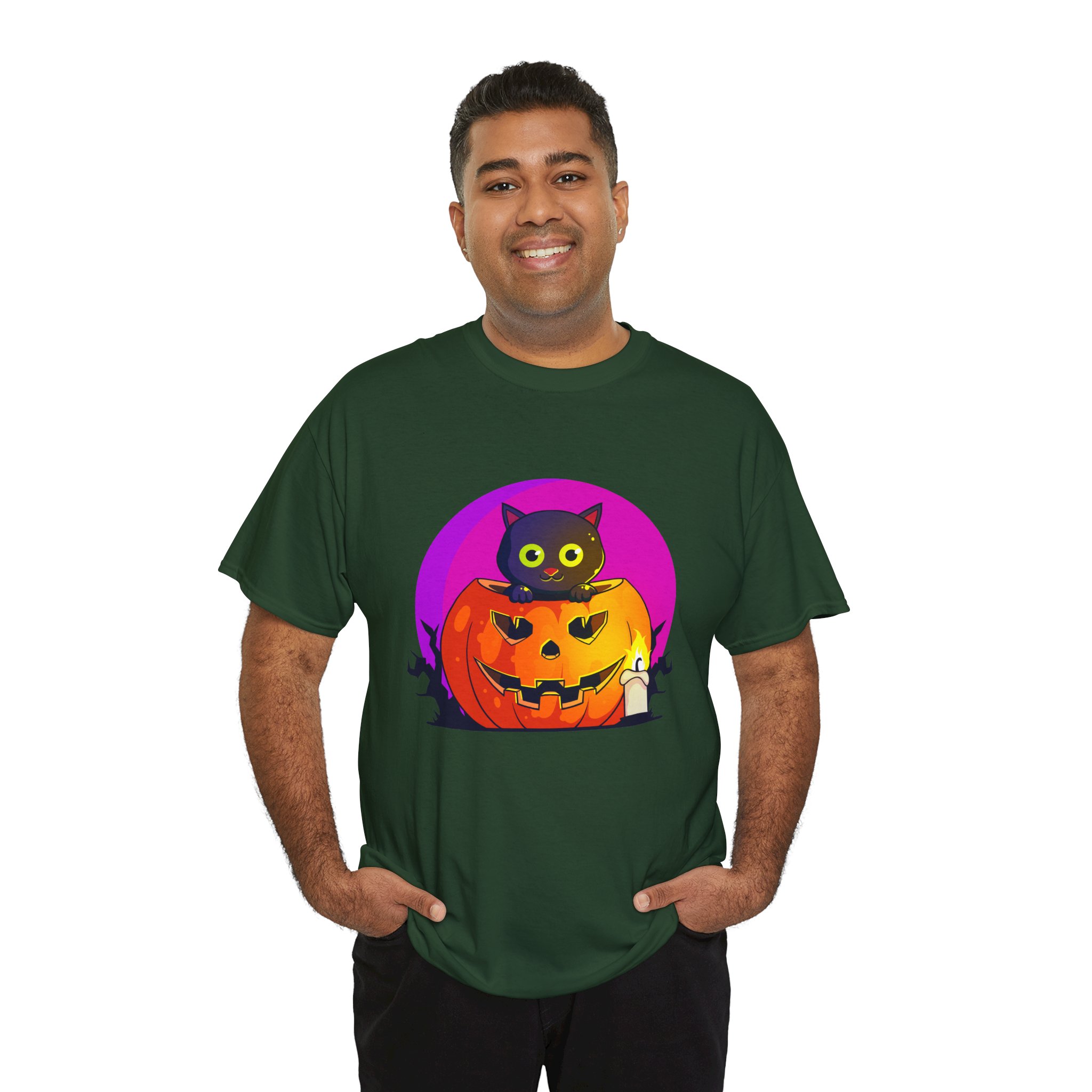 Cat O'Lantern on a tshirt in the color of Forest Green - Memento Mary