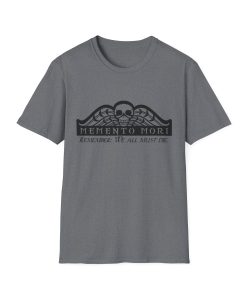 Memento Mori in black on a shirt in the color Graphite Heather - Memento Mary
