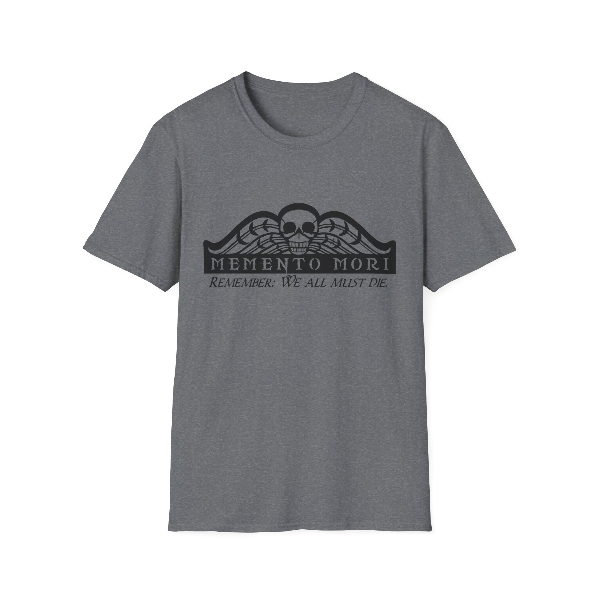 Memento Mori in black on a shirt in the color Graphite Heather - Memento Mary