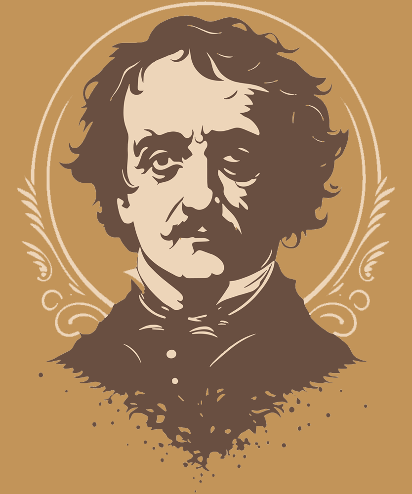 A portrait of Edgar Allen Poe in sepia on a shirt in the color Old Gold. - Memento Mary