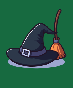 witches hat and broom on a shirt in the color Kelly - Memento Mary