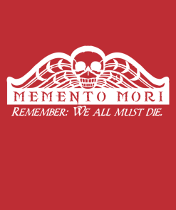Memento Mori in white on a shirt in the color Red - Memento Mary