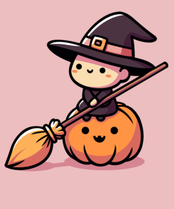 Baby Witch sitting on a pumpkin on a shirt in the color Pink - Memento Mary